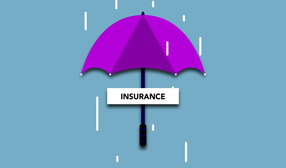 A digital illustration featuring a purple umbrella with a straight black handle, positioned vertically against a light blue background with white rain streaks, symbolising protection during rain. Bene
